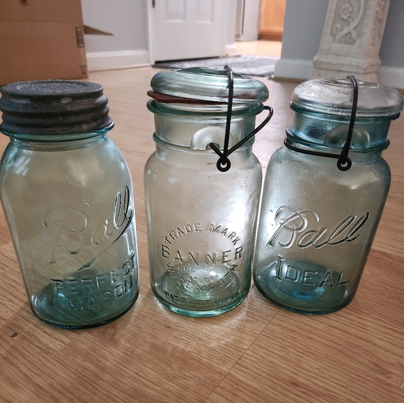 Set of three antique blue green Ball and Banner quart Mason jars